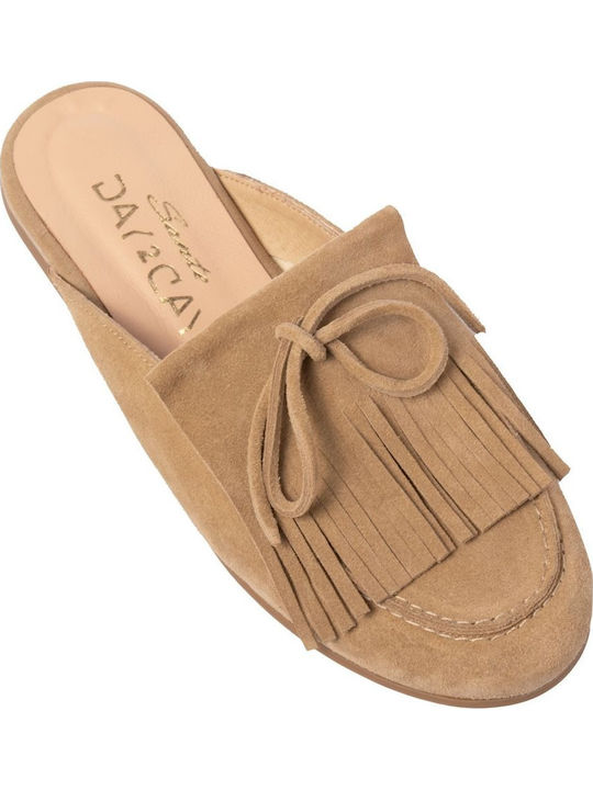 Leather Mules with Heel in Beige Colour