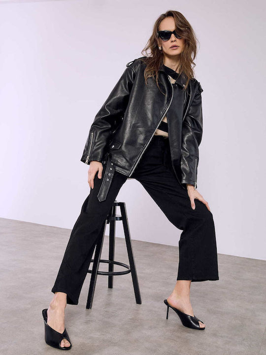 Celestino Women's Biker Artificial Leather Jacket Loose Fit Black