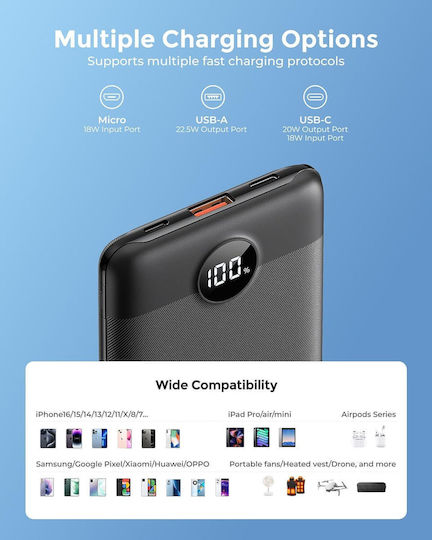 Veektomx VT103 Power Bank 10000mAh 22.5W με Θύρα USB-A και Θύρα USB-C Schnellladung Μαύρο