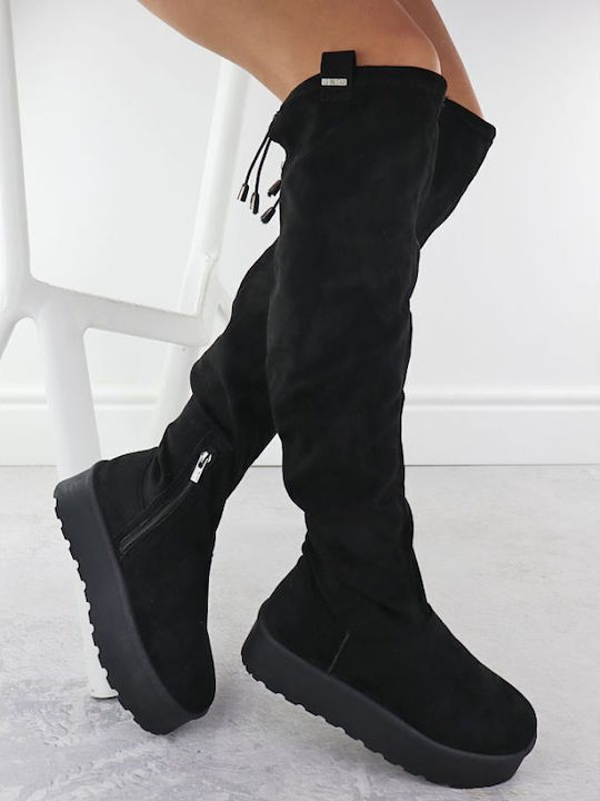 Wildleder Damenstiefel mit Pelz Schwarze