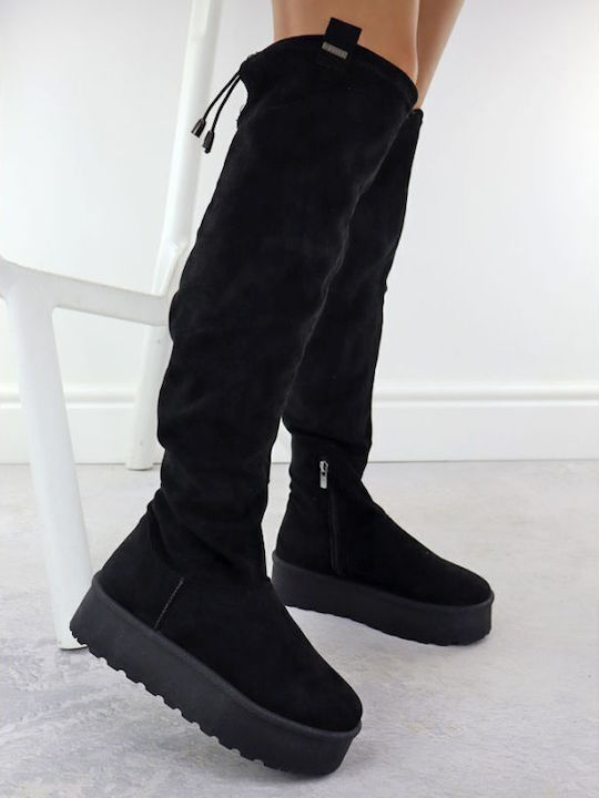 Wildleder Damenstiefel mit Pelz Schwarze