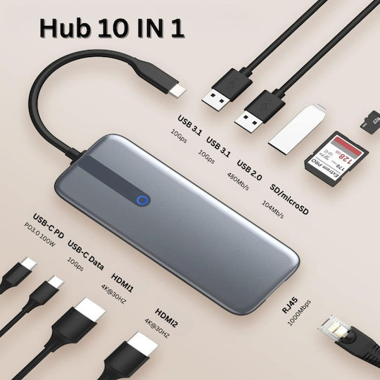Stație de Andocare USB-C cu 4K PD Ethernet și Conexiune pentru 2 Monitoare Gri (ED419)