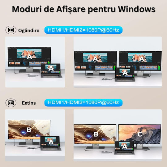Stație de Andocare USB-C cu 4K PD Ethernet și Conexiune pentru 2 Monitoare Gri (ED419)