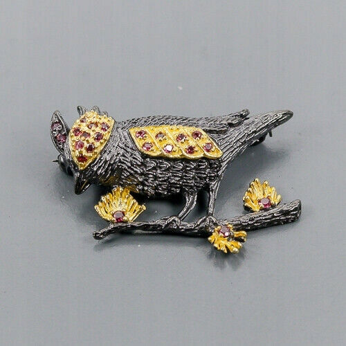 Artistic Brooch Natural Garnets 925 Bird
