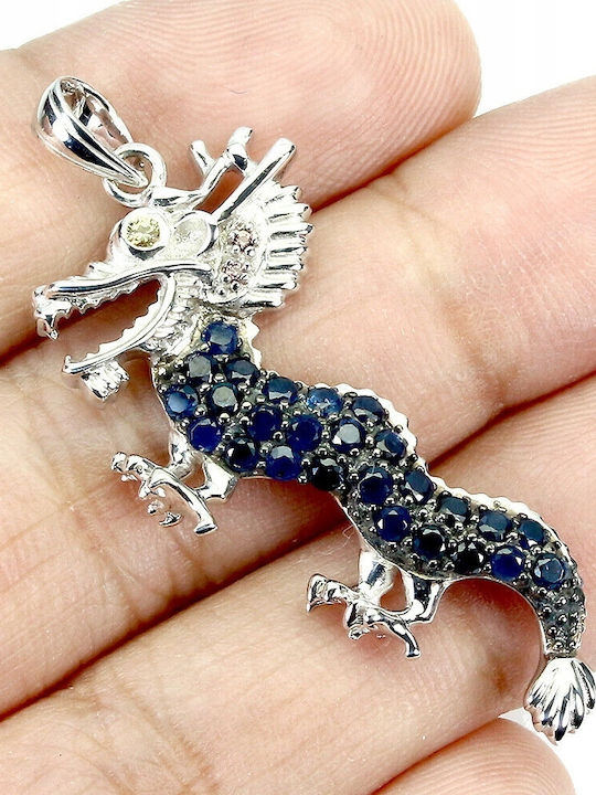 Silver Pendant Dragon Natural Blue Sapphires