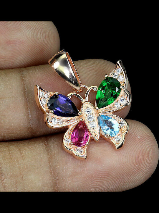 Silver Butterfly Pendant Natural Iolite Topaz Sky Blue Pink Green
