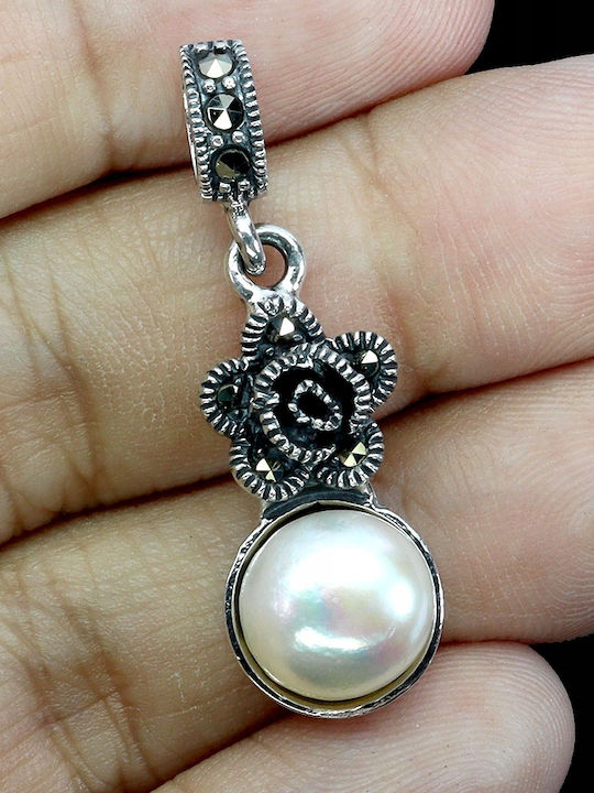 925 Silver Delicate Pendant Elegant Natural Marcasite Pearl Flower