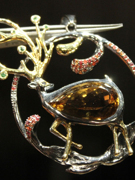 Silver Pendant Deer Citrine Sapphires Diopsides