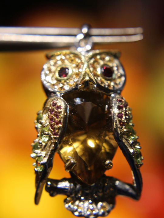 Owl Pendant 20ct Citrine Natural Olivines Garnets Sapphires 925 Silver
