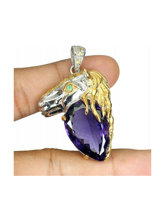 925 Anhänger Natürlicher 23,91ct Amethyst Saphir Pferd