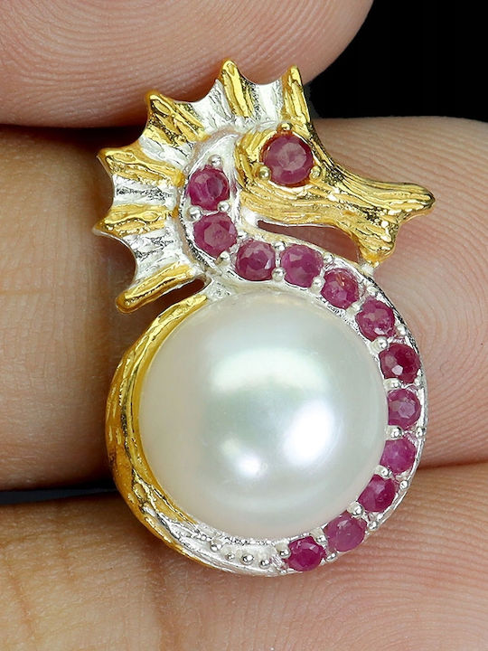 925 Stunning Pendant Natural Myanmar Rubies Pearl Seahorse