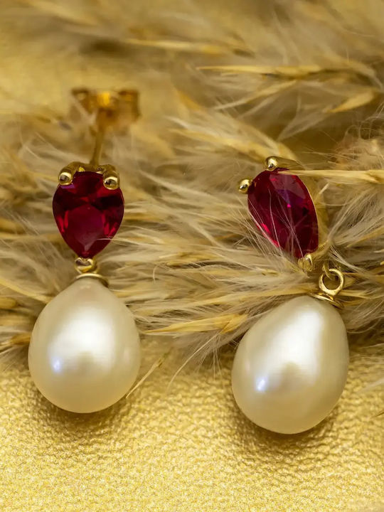 Ohrringe Stecknadelverschluss aus Gold 14K mit Steinen und Perlen Rote
