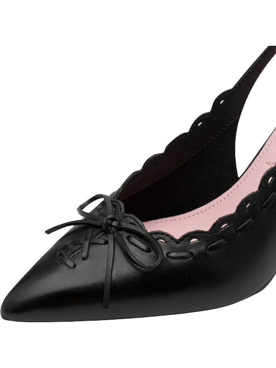 Leather Pointed Toe Heels with Strap & Mid Heel Black