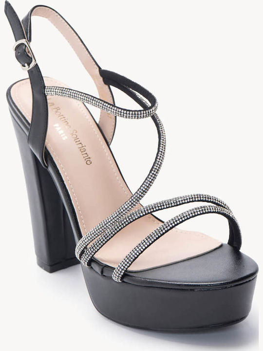 Sandale Elegante Damă Negre Cu Toc Înalt Cu Strasuri Curele Subțiri Fără Cataramă