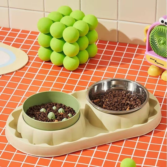 Bol Din Plastic Pentru Hrană & Apă Cu Hrănire Lentă Pentru Câine Cu Suport 2x 36cm În Culoare Verde