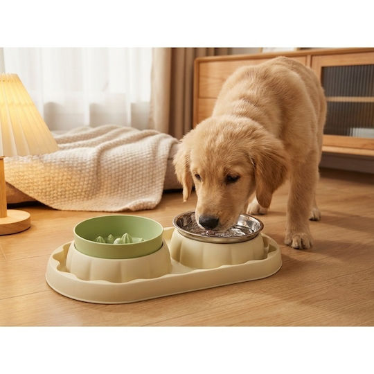 Bol Din Plastic Pentru Hrană & Apă Cu Hrănire Lentă Pentru Câine Cu Suport 2x 36cm În Culoare Verde