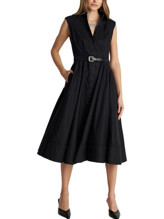 Summer Midi Shirt Dress Sleeveless Black