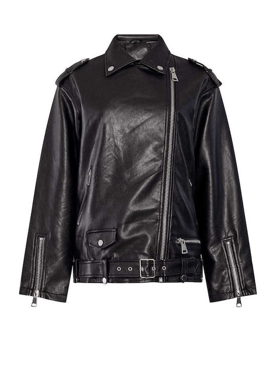 Celestino Women's Biker Artificial Leather Jacket Loose Fit Black