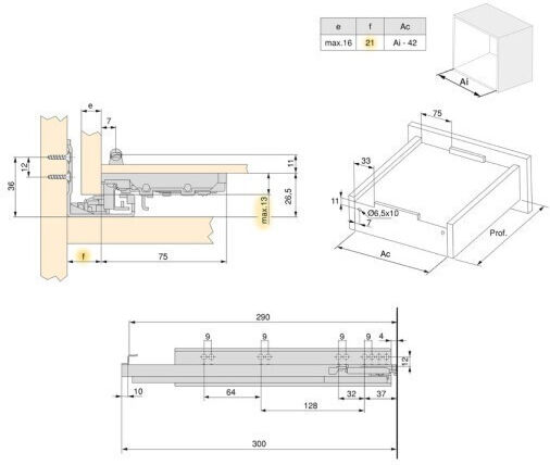 Hidden Drawer Guide Emuca Silver With Brakes 100% Opening Clips 340mm