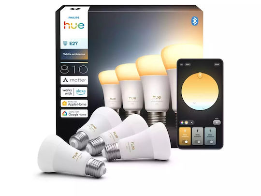 Philips Smart Bulbs Philips Hue LED for E27 Socket and A60 Shape Adjustable White 810lm Dimmable 4 Pieces
