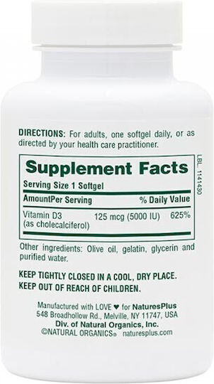 Nature's Plus Vitamin D3 for Immune Support & Bone Health 5000iu 60 Softgels