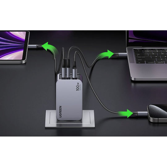 Ugreen Charger GaN with USB-A Port and 2 USB-C Ports and Cable USB-C - USB-C 100W Power Delivery / Quick Charge 4+ Gray (Nexode Pro)