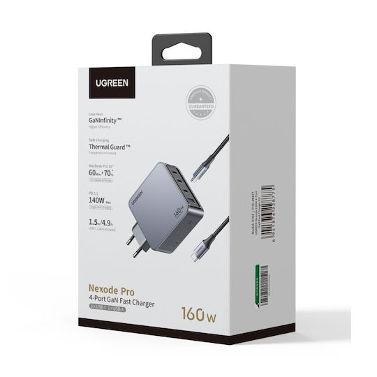 Ugreen Charger GaN with USB-A Port and 3 USB-C Ports and Cable USB-C - USB-C 160W Power Delivery Blacks (Nexode Pro)