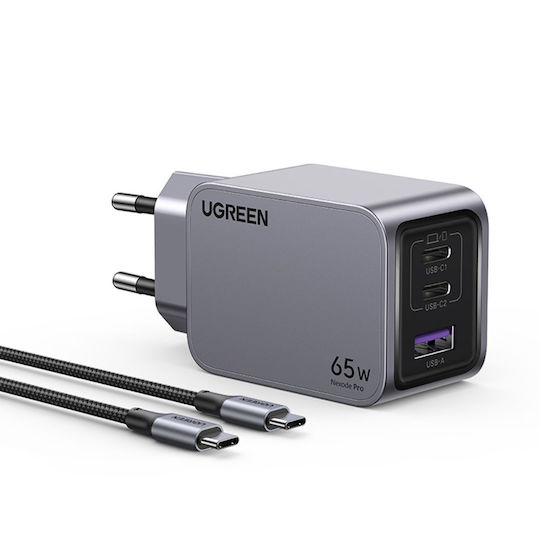 Ugreen Charger GaN with USB-A Port and 2 USB-C Ports and Cable USB-C - USB-C 65W Power Delivery / Quick Charge 4.0 Gray (Nexode Pro)