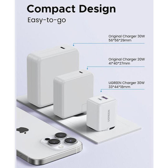 Ugreen Φορτιστής Χωρίς Καλώδιο GaN με Θύρα USB-A και Θύρα USB-C 30W Power Delivery Γκρι (X516)