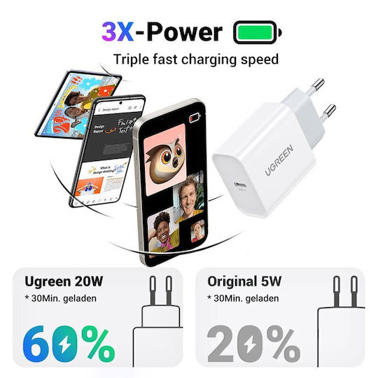 Ugreen Φορτιστής Χωρίς Καλώδιο με Θύρα USB-C 20W Power Delivery Λευκός (CD137)