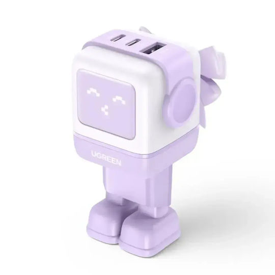 Ugreen Charger Without Cable GaN with USB-A Port and 2 USB-C Ports 65W Power Delivery / Quick Charge 4.0 Purple (Robot)