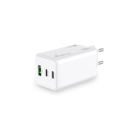 MediaRange Зарядно без кабел GaN с USB-A порт и 2 USB-C порта 100W Power Delivery Бял (MRMA123)