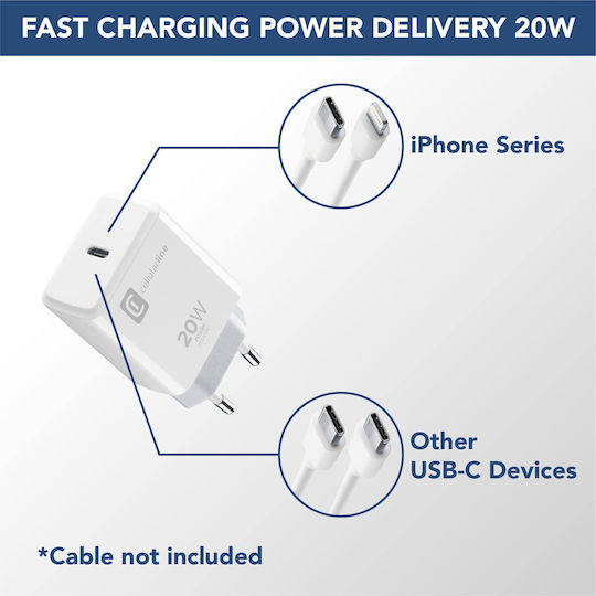 Cellular Line Charger Without Cable with USB-C Port 20W Power Delivery Whites (ACHIPHUSBCPD20WW)