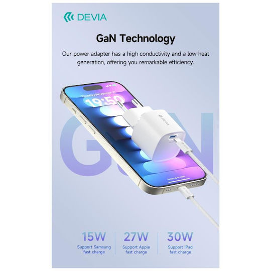 Devia Φορτιστής Χωρίς Καλώδιο GaN με Θύρα USB-C 30W Power Delivery / Quick Charge 3.0 Λευκός (RLC-545)