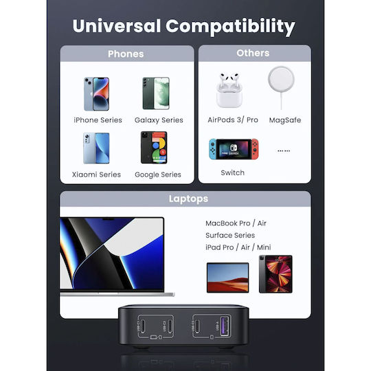 Ugreen GaN Charging Station with USB-A Port and 3 USB-C Ports 100W Power Delivery / Quick Charge 4.0 in Black (Nexode CD328)