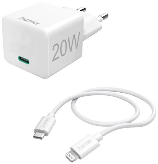 HAMA Incarcător Cu Port USB-C Și Cablu USB-C - Lightning 20W Livrarea Energiei Alb