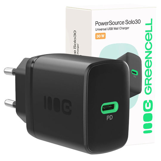 Green Cell Charger Without Cable with USB-C Port 30W Power Delivery Blacks (PowerSource Solo30)