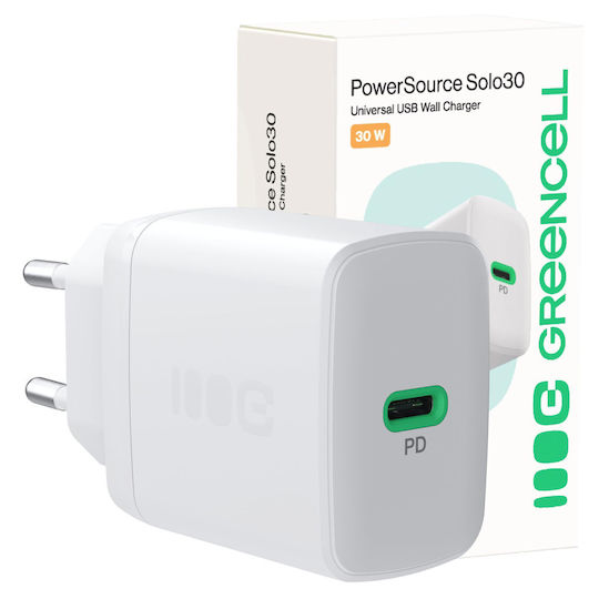 Green Cell Charger with Built-in Cable with USB-C Port USB-C 30W Power Delivery Whites (PowerSource Solo30)