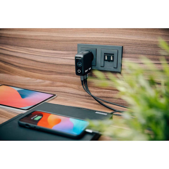 Verbatim Φορτιστής Χωρίς Καλώδιο GaN με Θύρα USB-A και 2 Θύρες USB-C 100W Power Delivery / Quick Charge 3.0 Μαύρος (30239)