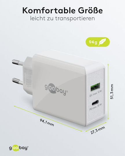 Goobay Φορτιστής Χωρίς Καλώδιο με Θύρα USB-A και Θύρα USB-C 30W Power Delivery Λευκός (61674)