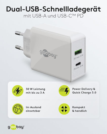 Goobay Φορτιστής Χωρίς Καλώδιο με Θύρα USB-A και Θύρα USB-C 30W Power Delivery Λευκός (61674)