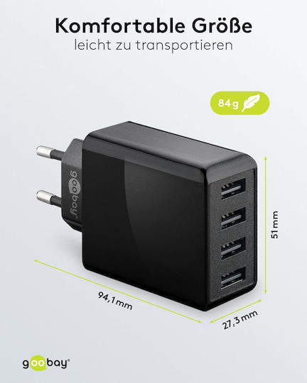 Goobay Φορτιστής Χωρίς Καλώδιο με 4 Θύρες USB-A 30W Μαύρος (44953)
