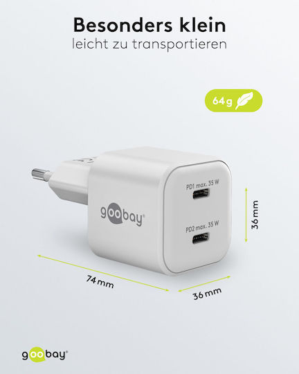 Goobay Φορτιστής Χωρίς Καλώδιο GaN με 2 Θύρες USB-C 35W Power Delivery Λευκός (75334)