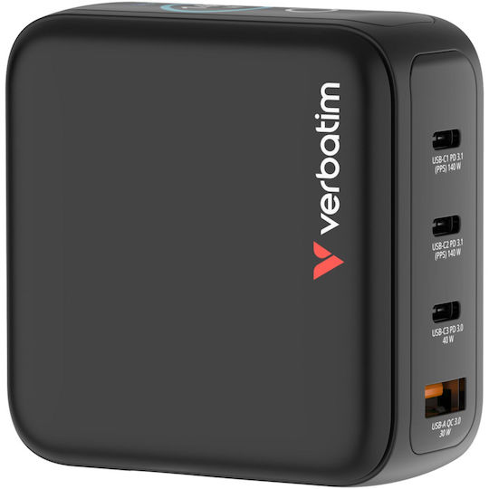 Verbatim Φορτιστής Χωρίς Καλώδιο GaN με Θύρα USB-A και 3 Θύρες USB-C 140W Power Delivery / Quick Charge 3.0 Μαύρος (30240)
