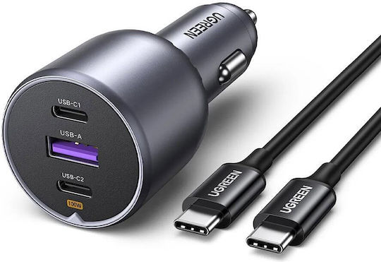 Ugreen Încărcător Auto 130W cu Porturi: 1xUSB 2xType-C Gri Culoare