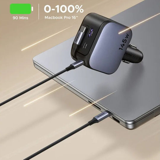 Ugreen Car Charger 145W 3A Fast Charging with Ports: 1xUSB 1xType-C with Cable Embedded Gray Color