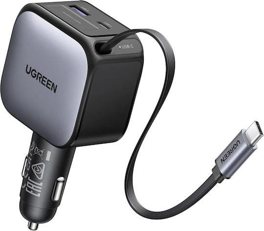 Ugreen Auto-Ladegerät 90W 3A Schnellladung mit Anschlüssen: 1xUSB 1xType-C mit Kabel Eingebettet Gray Farbe