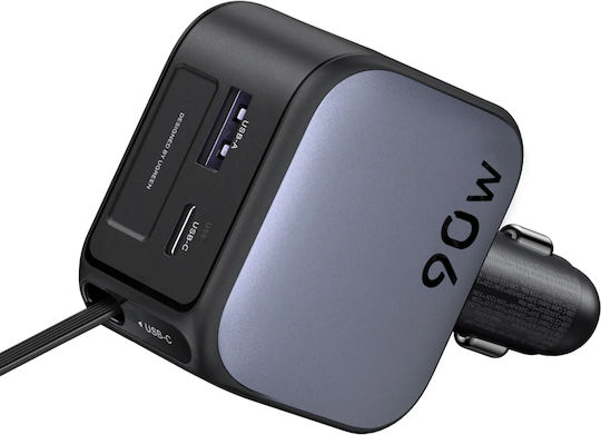 Ugreen Auto-Ladegerät 90W 3A Schnellladung mit Anschlüssen: 1xUSB 1xType-C mit Kabel Eingebettet Gray Farbe