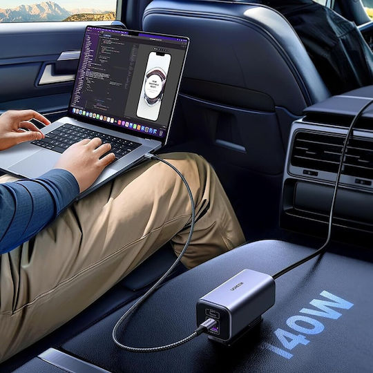 Ugreen EC706 Auto-Ladegerät 150W Schnellladung mit Anschlüssen: 1xUSB 1xType-C mit Kabel Eingebettet Gray Farbe