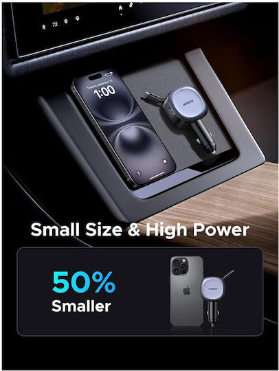 Ugreen EC601 Car Charger 75W Fast Charging with Ports: 1xUSB 1xType-C with Cable Embedded Gray Color